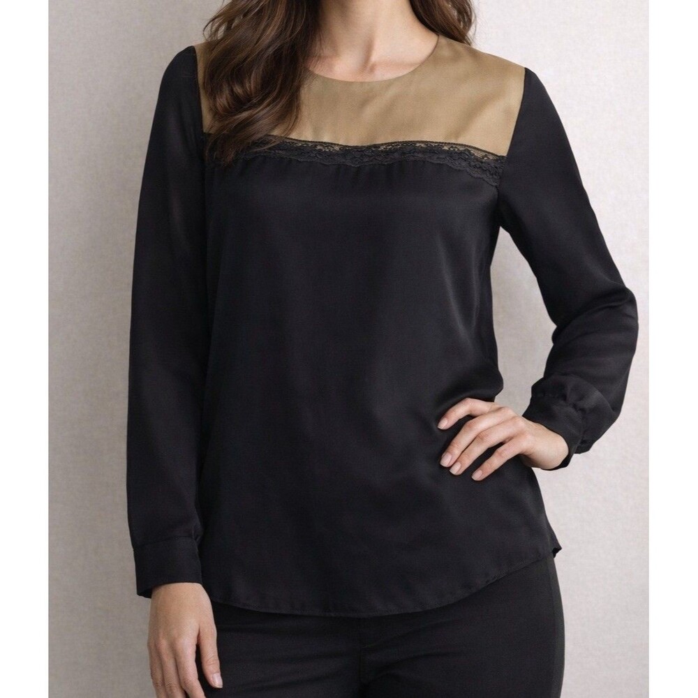 Nonoo New York 100% Silk Blouse Size 10 Black Tan Lace Trim Long Sleeve USA Made